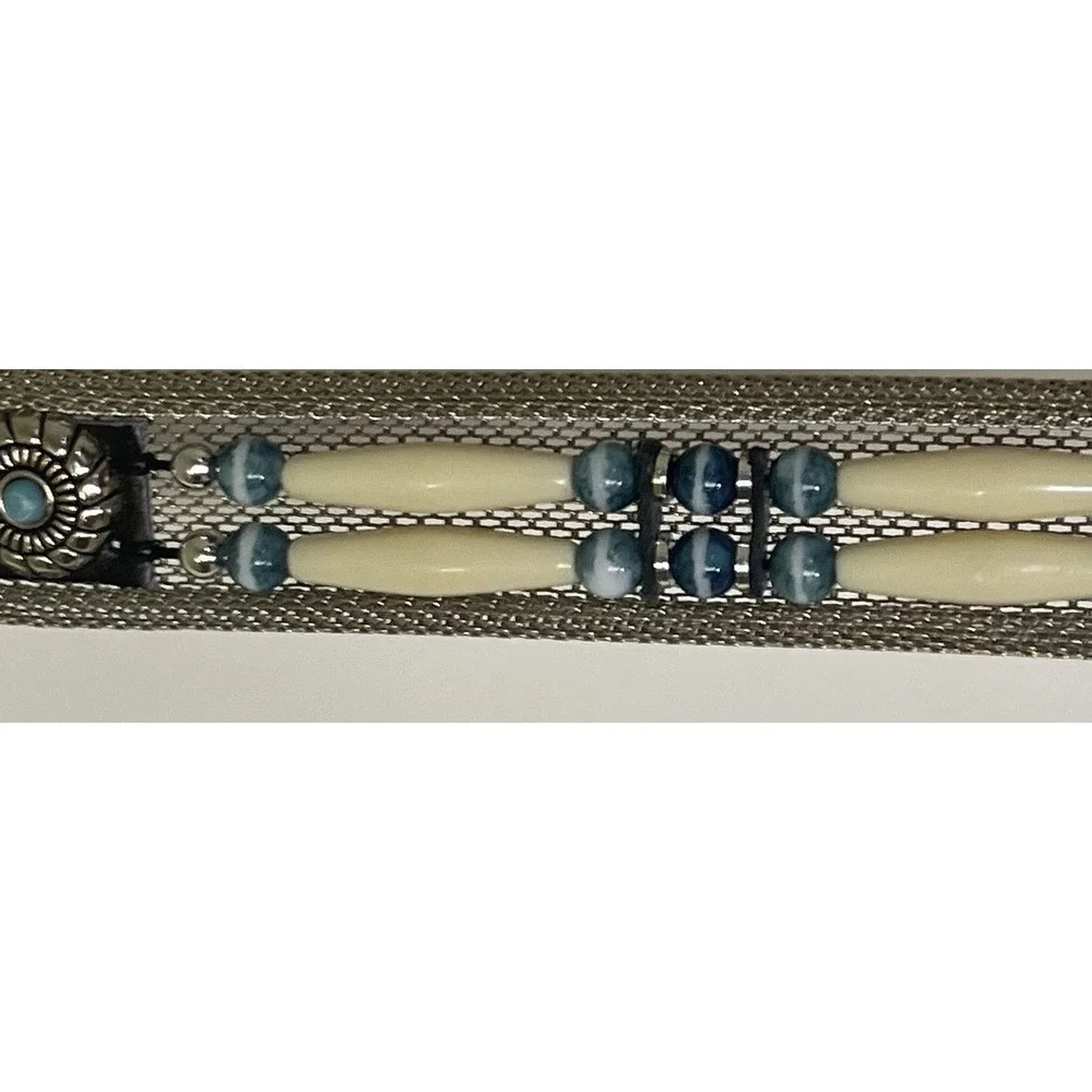 Vintage Silver Tone Mesh Belt Turquoise Bead Western Boho‎ Statement Belt AS IS